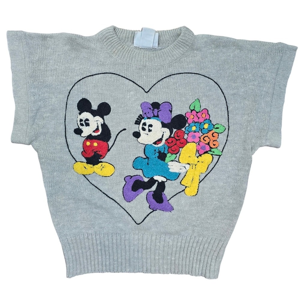 VTG Disney Mickey Minnie Valentine Heart Flower Knit Short Sleeve Sweater